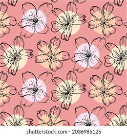 Hand drawn seamless pattern with doodle sakura on pastel circles. Pretty floral ornament. Vector illustration.