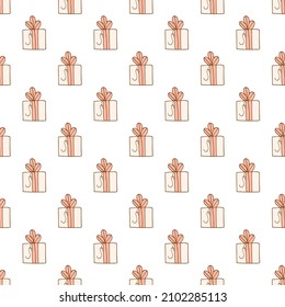 Hand drawn seamless pattern. Doodle style. Festive elements. Pink gift. White background. Vector.