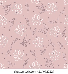 Hand drawn seamless pattern with doodle flowers, leaves and dots. Cute floral print for fabric, paper, stationery. Doodle vector illustration for decor and design.



