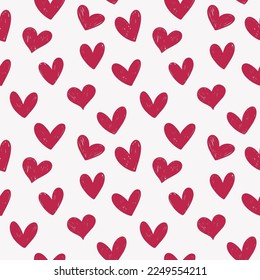 Hand drawn seamless pattern with doodle scribble hearts. Viva magenta color. Romantic background for Valentine day.