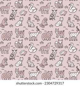 Hand drawn seamless pattern with doodle forest animals.