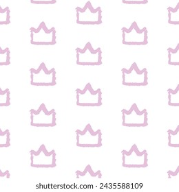 Hand drawn seamless pattern with doodle crowns. Cute design for baby and little princess. Pink crown; Pattern for textiles on a clear background