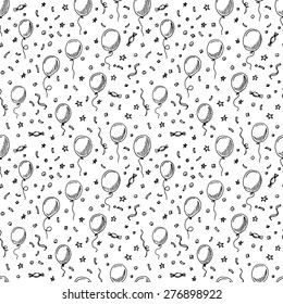 Hand drawn seamless pattern with doodle ballons. Birthday backround.