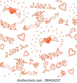 Hand drawn seamless pattern with doodle hearts and roses. Vintage stylized design elements. Can be used for fabrics, wallpapers, ornamental template for design and decoration, etc