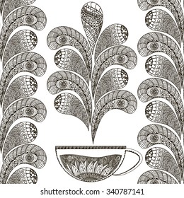 Hand drawn seamless pattern in doodle art style Black and white design for dining cards, branding, label, poster, banner, template tea . Vector illustration