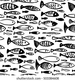 Hand drawn seamless pattern with doodle fishes. Ink illustration of underwater life in artistic incomplete style. Design for textile and wrapping backgrounds