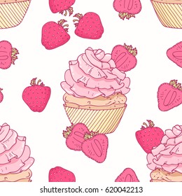 Hand drawn seamless pattern with doodle cupcake and strawberry buttercream. Food background. Vector illustration