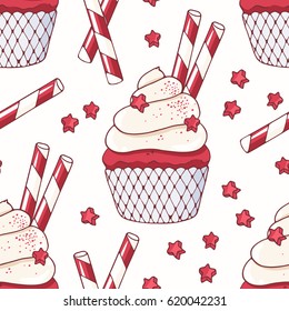 Hand drawn seamless pattern with doodle red velvet cupcake. Food background. Vector illustration