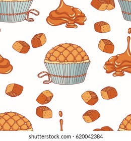 Hand drawn seamless pattern with doodle cupcake and caramel buttercream. Food background. Vector illustration