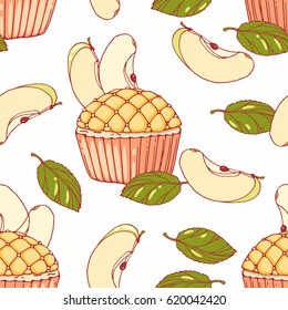 Hand drawn seamless pattern with doodle apple pie cupcake and buttercream. Food background. Vector illustration