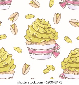 Hand drawn seamless pattern with doodle cupcake and pistachio buttercream. Food background. Vector illustration