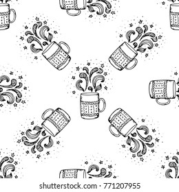 Hand drawn seamless pattern with doodle coffee mugs. Decorative wrapping and textile winter season texture with ornate cups of tea or hot chocolate.