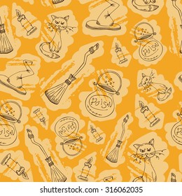 Hand drawn seamless pattern with hand drawn doodles of pot with poison, cat, broom, candle and hat of witch. Cute texture with halloween attributes and grunge elements for wrapping paper , textile etc