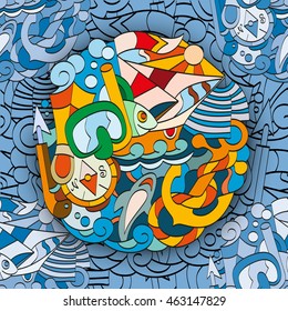 Hand drawn seamless pattern with doodles elements to the marine theme. Objects for a cruise and vacation on a bright blue background. For wrap, wallpaper, fabrics.