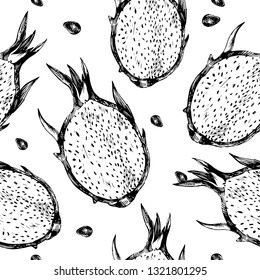 Hand drawn seamless pattern of dragon fruit.
Vector sketch of dragon fruit illustration.
