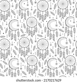 Hand drawn seamless pattern of dreamcatcher, feather, star. Bohemian talisman, boho ethnic style, magic tribal symbol. Vector sketch illustration for wallpaper, wrapping paper, fabric, textile