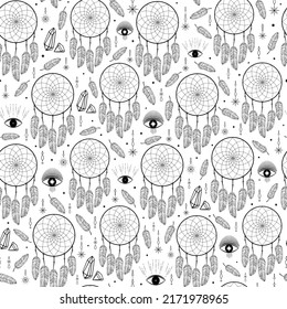 Hand drawn seamless pattern of dreamcatcher, feather, star, eye, diamond. Bohemian talisman, boho ethnic style, magic tribal symbol. Vector sketch illustration for wallpaper, wrapping paper, fabric