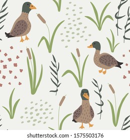 Hand drawn seamless pattern with Ducks and grass. Wild ducks in natural landscape repetitive background. Trendy vector illustration.