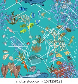 Hand drawn seamless pattern. Eco style. No plastic straws. Vector illustration.  Ocean pollution. Keep the sea, plastic free concept. 