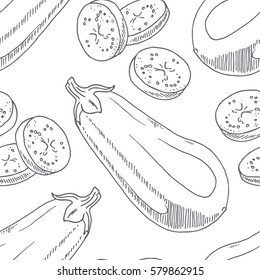 Hand drawn seamless pattern with eggplant. Monochrome background in sketch style. Vector illustration