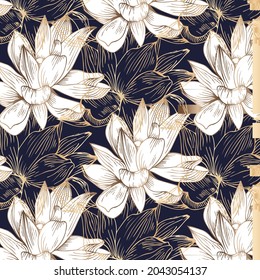 Hand drawn seamless pattern with elegant lotus isolated on dark blue background. Luxury backdrop. Vector illustration.