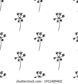 Hand drawn seamless pattern of elements. Floral background for concept design, wedding invitation, t-shirt, notebooks, textile, hipster pattern. Black flowers at white background.