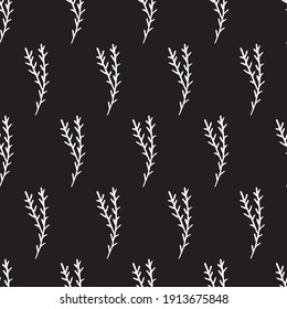 Hand drawn seamless pattern of elements. Floral background for concept design, wedding invitation, t-shirt, notebooks, textile, hipster pattern. White flowers at black background.