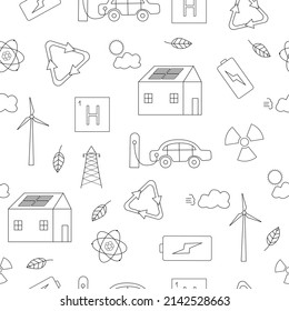 Hand drawn seamless pattern with elements depicting renewable energy. Energy of the atom, the sun, the wind. Vector.