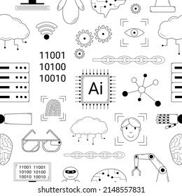 Hand drawn seamless pattern with elements depicting artificial intelligence. Doodle style. Vector.