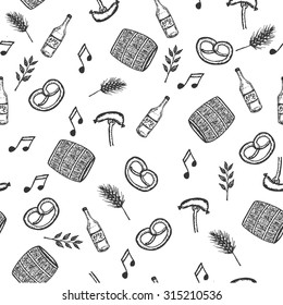 Hand drawn seamless pattern with elements for Oktoberfest in Germany: brezel, sausage, bottle with beer, leaves, music note, beer barrel. Vector illustration. 