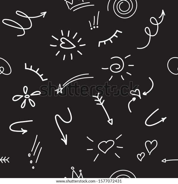Hand drawn seamless pattern of\
elements, white on black background. Arrows, hearts, stars, leaf,\
sun, light, flower, crown of king or queen for concept\
design.