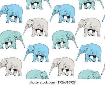 Hand drawn seamless pattern with elephants in blue, grey, mint colors