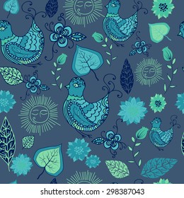 Hand drawn seamless pattern, endless pattern with flowers, bird and leaves. Vector illustration can be used for wallpaper, pattern fills, web page background, surface textures