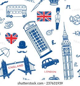 Hand drawn seamless pattern with England symbols and landmarks. London set.