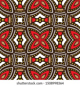 Hand drawn seamless pattern with ethnic and tribal motifs. African floral print with circular ornament.