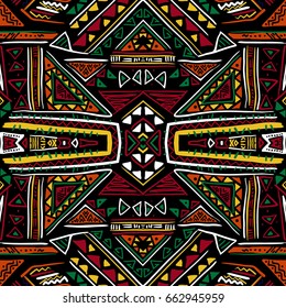 Hand drawn seamless pattern with ethnic aztec motives. Bright colored abstract wallpaper in boho style.