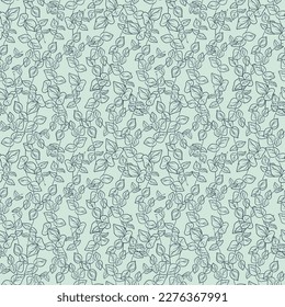 Hand drawn seamless pattern of eucalyptus branches and leaves. Herbal tropical collection on a blue background. Decorative outline summer illustration for greeting card, wallpaper, wrapping paper