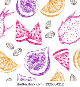 Hand drawn seamless pattern of exotic fruit.
Vector sketch of dragon fruit, fig, orange, watermelon.