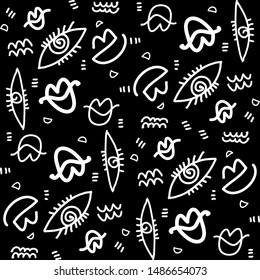Hand drawn seamless pattern, eyes lips element design, abstract background, black and with design wallpaper. Vector illustration.