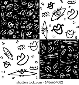 Hand drawn seamless pattern, eyes lips element design, abstract background, black and with design wallpaper. Vector illustration.
