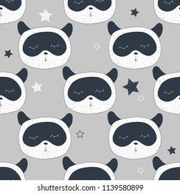 Hand drawn seamless pattern with face of panda. Cute background with animals.