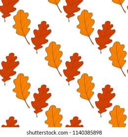 Hand drawn seamless pattern with fallen autumn leaves of various type and color on white background. Autumnal backdrop with colorful foliage. Vector illustration for textile print, wrapping paper.