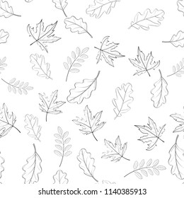 Hand drawn seamless pattern with fallen autumn leaves of various type and color on white background. Autumnal backdrop with colorful foliage. Vector illustration for textile print, wrapping paper.