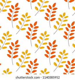 Hand drawn seamless pattern with fallen autumn leaves of various type and color on white background. Autumnal backdrop with colorful foliage. Vector illustration for textile print, wrapping paper.