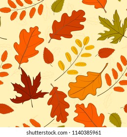 Hand drawn seamless pattern with fallen autumn leaves of various type and color on white background. Autumnal backdrop with colorful foliage. Vector illustration for textile print, wrapping paper.