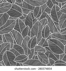 Hand drawn seamless pattern of fallen leaves. Black and white vector illustration