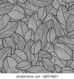 Hand drawn seamless pattern of fallen leaves. Black and white vector illustration