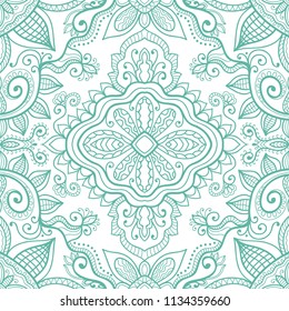 Hand drawn seamless pattern, fantasy floral and geometric ornament. Doodle repeating texture for textile fabric or paper print. Abstract monochrome graphic line background. Ethnic decorative design