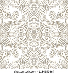 Hand drawn seamless pattern, fantasy floral and geometric ornament. Doodle repeating texture for textile fabric or paper print. Abstract monochrome graphic line background. Ethnic decorative design