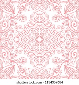 Hand drawn seamless pattern, fantasy floral and geometric ornament. Doodle repeating texture for textile fabric or paper print. Abstract monochrome graphic line background. Ethnic decorative design